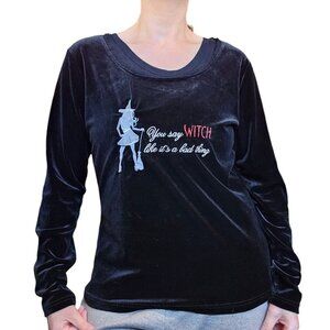 Y2K Womens Large Stretchy Velvet Halloween Witch‎ Shirt Longsleeve Embroidered